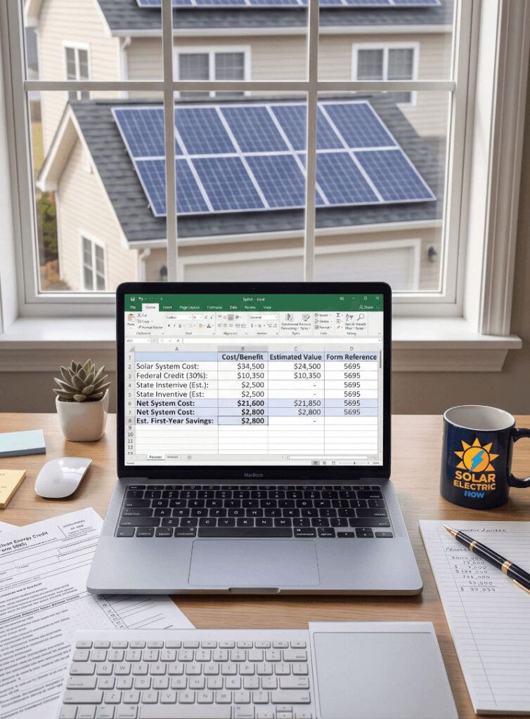AI generated image depicting a desktop with a laptop in the process of figuring out solar electric incentives.