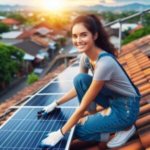 A woman installing solar panels on a roof top.