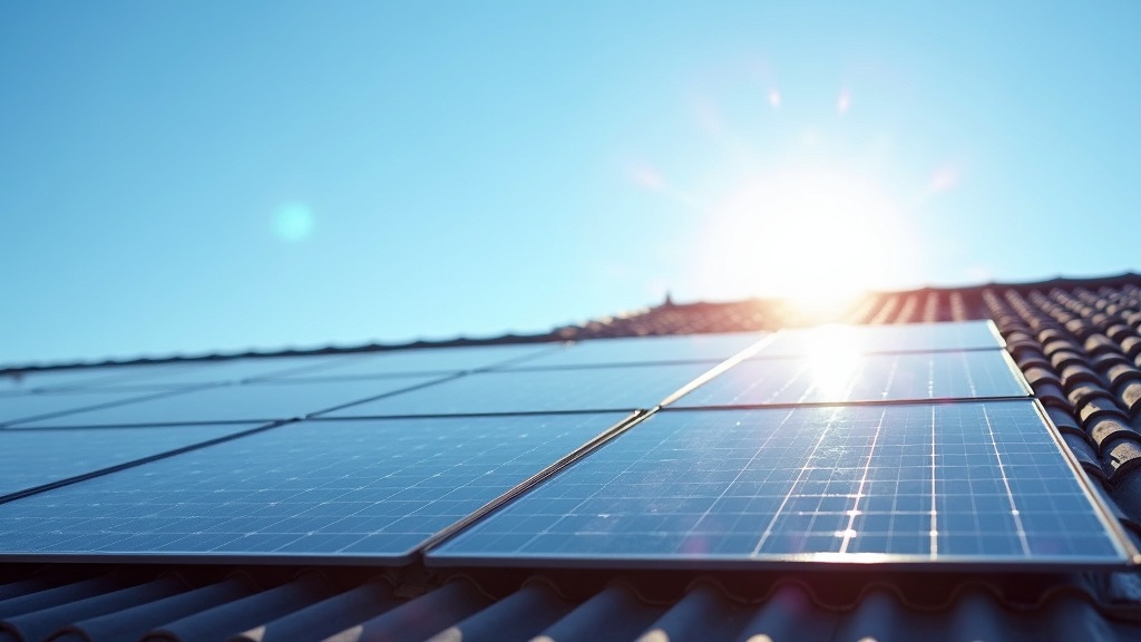 A rooftop with solar panels soaking up the sun under a clear blue sky.