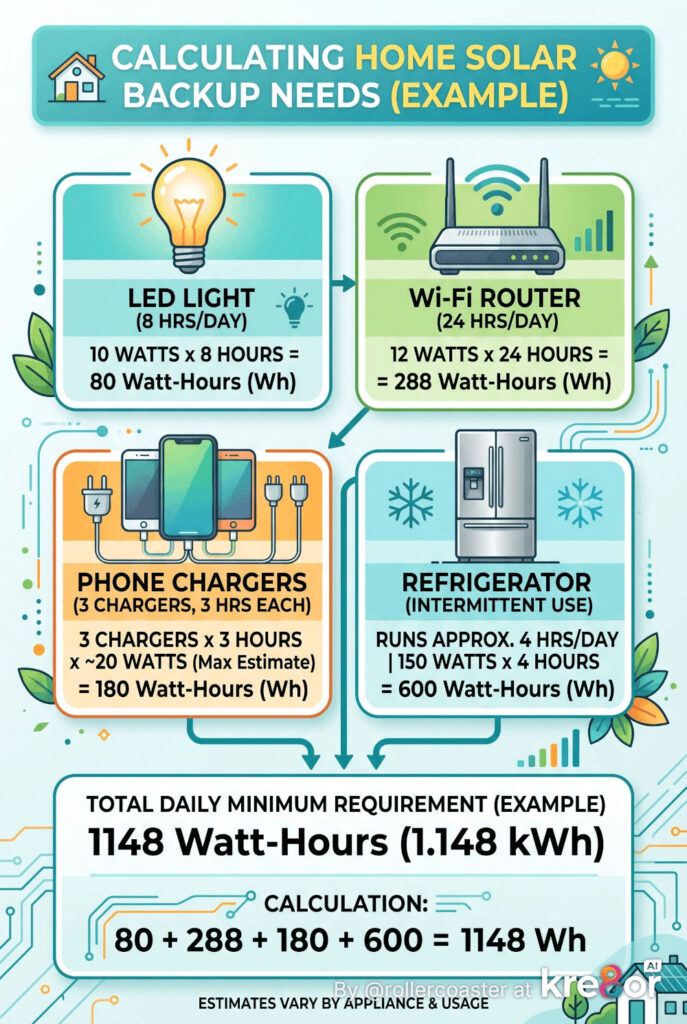 Infographic of solar backup watt-hours calculation example